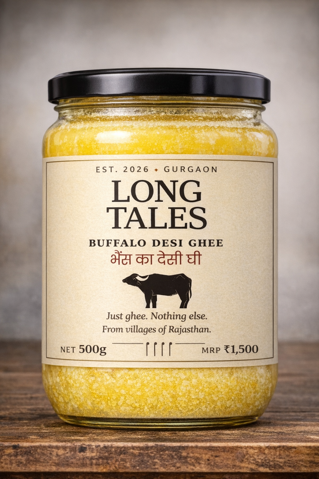 Long Tales buffalo desi ghee, 500g glass jar.